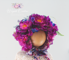 Load image into Gallery viewer, Flower Bonnet for 12-24 Months Old | Magenta Colour | Photography Prop | Artificial Flower Headpiece