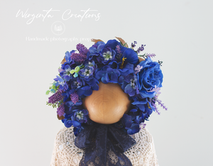 Flower Bonnet for 12-24 Months Old | Dark Blue, Navy Colour | Photography Prop | Artificial Flower Headpiece