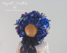Load image into Gallery viewer, Flower Bonnet for 12-24 Months Old | Dark Blue, Navy Colour | Photography Prop | Artificial Flower Headpiece