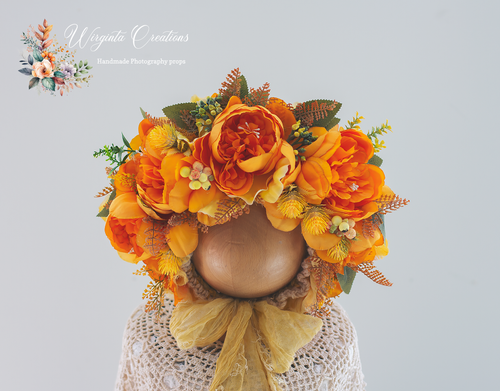 Flower Bonnet for 12-24 Months Old | Dark Yellow Colour | Photography Prop | Artificial Flower Headpiece