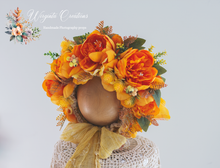 Load image into Gallery viewer, Flower Bonnet for 12-24 Months Old | Dark Yellow Colour | Photography Prop | Artificial Flower Headpiece