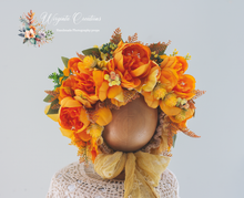 Load image into Gallery viewer, Flower Bonnet for 12-24 Months Old | Dark Yellow Colour | Photography Prop | Artificial Flower Headpiece