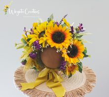 Load image into Gallery viewer, Sunflower Flower Bonnet | Floral Photo Prop for 12-24 Months | Green, Yellow, Purple | Handmade Artificial Flower Headpiece