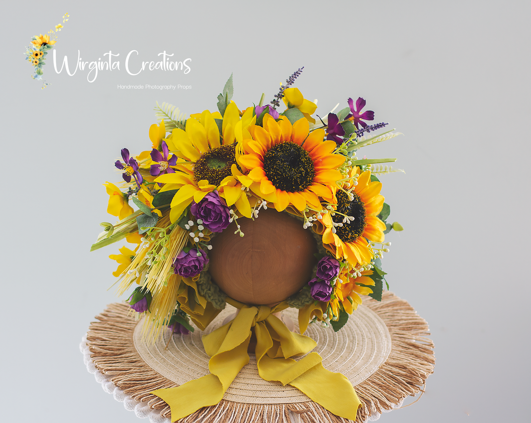 Sunflower Flower Bonnet | Floral Photo Prop for 12-24 Months | Green, Yellow, Purple | Handmade Artificial Flower Headpiece