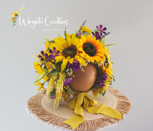 Load image into Gallery viewer, Sunflower Flower Bonnet | Floral Photo Prop for 12-24 Months | Green, Yellow, Purple | Handmade Artificial Flower Headpiece