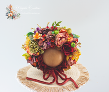 Load image into Gallery viewer, Flower Bonnet for 12-24 Months Old | Burnt Orange, Green, Red Colour | Photography Prop | Artificial Flower Headpiece