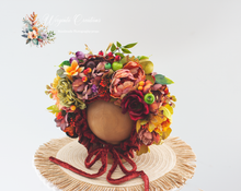 Load image into Gallery viewer, Flower Bonnet for 12-24 Months Old | Burnt Orange, Green, Red Colour | Photography Prop | Artificial Flower Headpiece