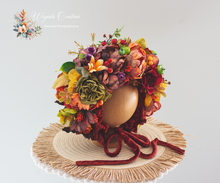 Load image into Gallery viewer, Flower Bonnet for 12-24 Months Old | Burnt Orange, Green, Red Colour | Photography Prop | Artificial Flower Headpiece