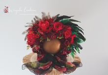 Load image into Gallery viewer, Unique Flower Bonnet for 12-24 Months Old | Dark Red, Black, Green Colour | Extraordinary Photography Prop | Artificial Flower Headpiece | Feathers