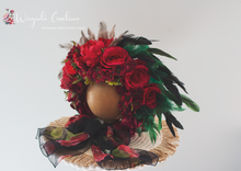 Load image into Gallery viewer, Unique Flower Bonnet for 12-24 Months Old | Dark Red, Black, Green Colour | Extraordinary Photography Prop | Artificial Flower Headpiece | Feathers