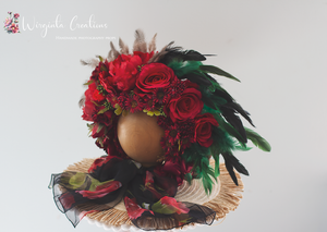 Unique Flower Bonnet for 12-24 Months Old | Dark Red, Black, Green Colour | Extraordinary Photography Prop | Artificial Flower Headpiece | Feathers