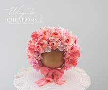 Load image into Gallery viewer, Pink flower bonnet for 12-24 months old, photography prop, artificial flower headpiece