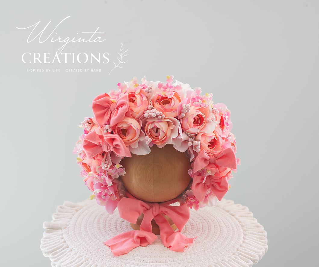 Pink flower bonnet for 12-24 months old, photography prop, artificial flower headpiece