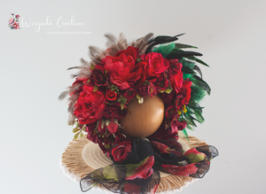 Unique Flower Bonnet for 12-24 Months Old | Dark Red, Black, Green Colour | Extraordinary Photography Prop | Artificial Flower Headpiece | Feathers
