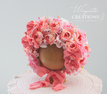 Load image into Gallery viewer, Flower Bonnet for 6-24 Months - Pink Colour - Handmade - Artificial Flower Headpiece - Photo Prop