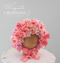 Load image into Gallery viewer, Flower Bonnet for 6-24 Months - Pink Colour - Handmade - Artificial Flower Headpiece - Photo Prop