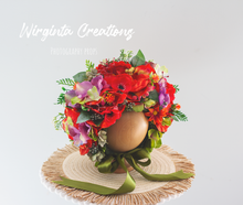 Load image into Gallery viewer, Flower Bonnet for 12-24 Months Old | Orange, Red, Green Colour | Photography Prop | Artificial Poppy Flower Headpiece