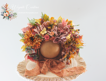 Load image into Gallery viewer, Flower Bonnet for 12-24 Months Old | Brown, Mustard Colour | Photography Prop | Artificial Flower Headpiece