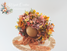 Load image into Gallery viewer, Flower Bonnet for 12-24 Months Old | Brown, Mustard Colour | Photography Prop | Artificial Flower Headpiece