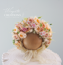 Load image into Gallery viewer, Flower Bonnet for 6-24 Months - Beige, Light Peach Colour - Handmade - Artificial Flower Headpiece - Photo Prop