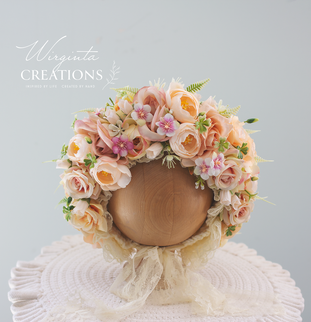 Flower Bonnet for 6-24 Months - Beige, Light Peach Colour - Handmade - Artificial Flower Headpiece - Photo Prop