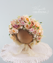 Load image into Gallery viewer, Flower Bonnet for 6-24 Months - Beige, Light Peach Colour - Handmade - Artificial Flower Headpiece - Photo Prop