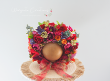 Load image into Gallery viewer, Flower Bonnet for 12-24 Months Old | Burgundy Colour | Photography Prop | Artificial Flower Headpiece