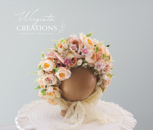 Load image into Gallery viewer, Flower Bonnet for 6-24 Months - Beige, Light Peach Colour - Handmade - Artificial Flower Headpiece - Photo Prop
