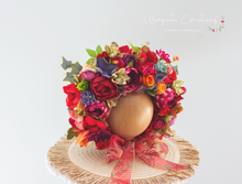 Load image into Gallery viewer, Flower Bonnet for 12-24 Months Old | Burgundy Colour | Photography Prop | Artificial Flower Headpiece