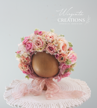 Load image into Gallery viewer, Flower Bonnet for 6-24 Months - Baby Pink Colour - Handmade - Artificial Flower Headpiece - Photo Prop