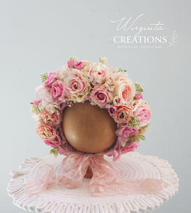 Flower Bonnet for 6-24 Months - Baby Pink Colour - Handmade - Artificial Flower Headpiece - Photo Prop