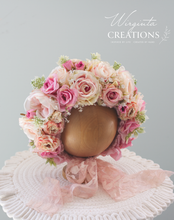 Load image into Gallery viewer, Flower Bonnet for 6-24 Months - Baby Pink Colour - Handmade - Artificial Flower Headpiece - Photo Prop