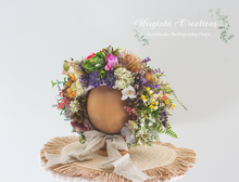 Load image into Gallery viewer, Meadow-Inspired Flower Bonnet for 6-24 Months Old | Photography Prop| Flower Headpiece | Handmade