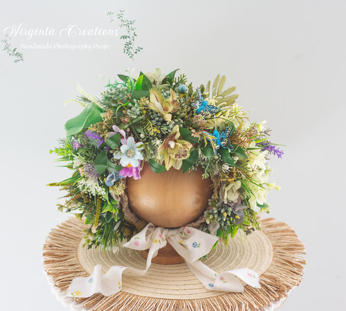 Meadow-Inspired Flower Bonnet for 6-24 Months Old | Photography Prop| Flower Headpiece | Handmade
