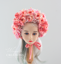 Load image into Gallery viewer, Flower Bonnet for 6-24 Months - Pink Colour - Handmade - Artificial Flower Headpiece - Photo Prop