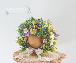 Meadow-Inspired Flower Bonnet for 6-24 Months Old | Photography Prop| Flower Headpiece | Handmade