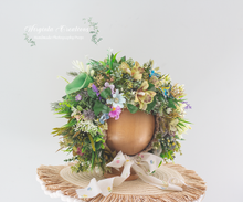Load image into Gallery viewer, Meadow-Inspired Flower Bonnet for 6-24 Months Old | Photography Prop| Flower Headpiece | Handmade