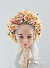 Load image into Gallery viewer, Flower Bonnet for 6-24 Months - Beige, Light Peach Colour - Handmade - Artificial Flower Headpiece - Photo Prop