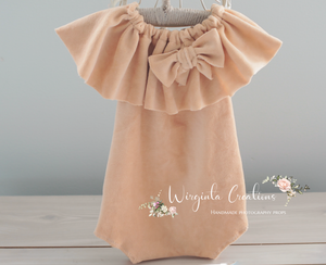 Flower Bonnet and Matching Romper Set for 12-24 Months Old | Ivory, Beige Colour | Velour Fabric | Photography Prop Outfit