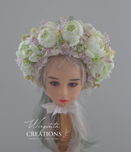 Load image into Gallery viewer, Flower Bonnet for 12-24 Months Old - White, Light Green, Pale Pink, Cream Colour - Handmade - Boho - Artificial Peonies Headpiece - Photo Prop