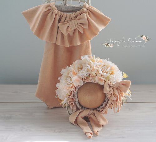 Flower Bonnet and Matching Romper Set for 12-24 Months Old | Ivory, Beige Colour | Velour Fabric | Photography Prop Outfit