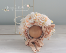 Load image into Gallery viewer, Flower Bonnet and Matching Romper Set for 12-24 Months Old | Ivory, Beige Colour | Velour Fabric | Photography Prop Outfit