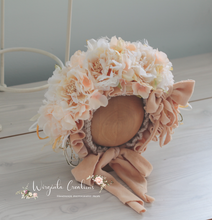 Load image into Gallery viewer, Flower Bonnet and Matching Romper Set for 12-24 Months Old | Ivory, Beige Colour | Velour Fabric | Photography Prop Outfit