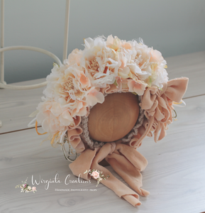 Flower Bonnet and Matching Romper Set for 12-24 Months Old | Ivory, Beige Colour | Velour Fabric | Photography Prop Outfit