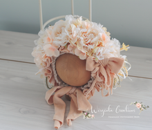 Load image into Gallery viewer, Flower Bonnet and Matching Romper Set for 12-24 Months Old | Ivory, Beige Colour | Velour Fabric | Photography Prop Outfit