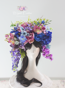 Large Blue, Pink Flower Headpiece | Photography Crown | Luxury Flower Headband for Adults