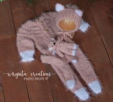 Load image into Gallery viewer, Powder Pink Knitted Newborn Footed Romper with Tail, Matching Cat Bonnet and Toy | Photo Prop | Fuzzy Yarn | Cat Outfit | Ready to Send