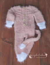 Load image into Gallery viewer, Powder Pink Knitted Newborn Footed Romper with Tail, Matching Cat Bonnet and Toy | Photo Prop | Fuzzy Yarn | Cat Outfit | Ready to Send