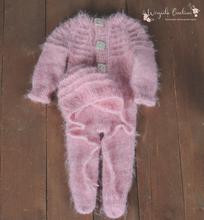 Load image into Gallery viewer, Knitted Newborn Footed Romper with Matching Bonnet | Photo Prop | Baby Pink Colour | Unique Stitch | Ready to Send