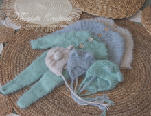 Load image into Gallery viewer, Knitted Newborn Footed Romper with Matching Bonnet | Photo Prop | Colours Available: Mushroom Beige; Light Grey; Mint | Teddy Bear Outfit | Ready to Send